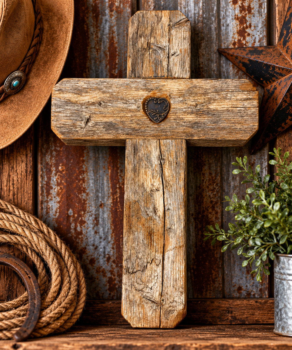 Rustic Weathered Wood Wall Cross Metal Heart Farmhouse Christian Decor 12"